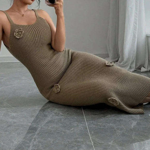 Coffee Brown Casual Women's Floral Camisole Sweater Dress And Cardigan Set - Picture 6 of 6